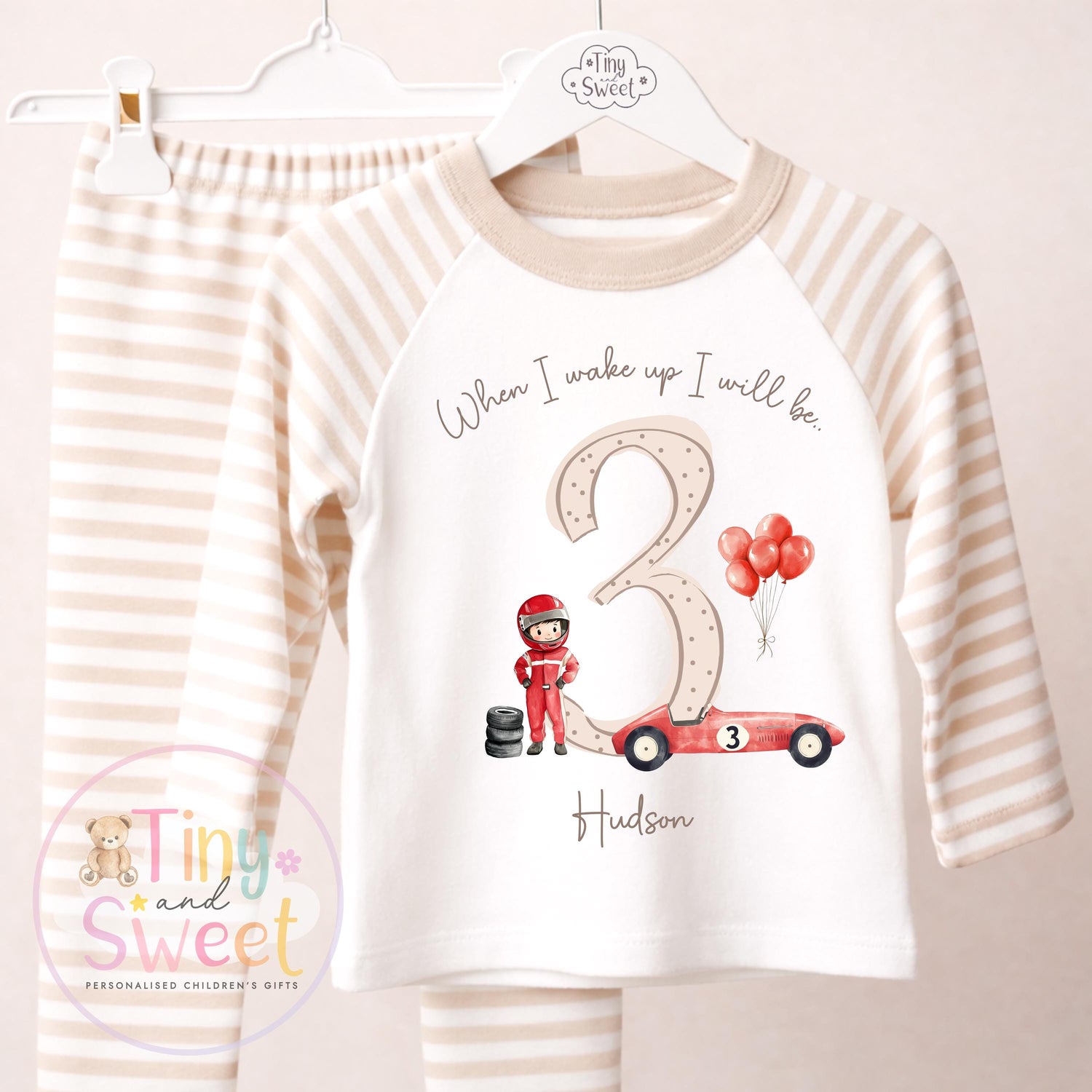 Personalised Beige Red Racing Car Birthday Pyjamas, When I Wake up i&