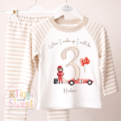 Personalised Beige Red Racing Car Birthday Pyjamas, When I Wake up i&