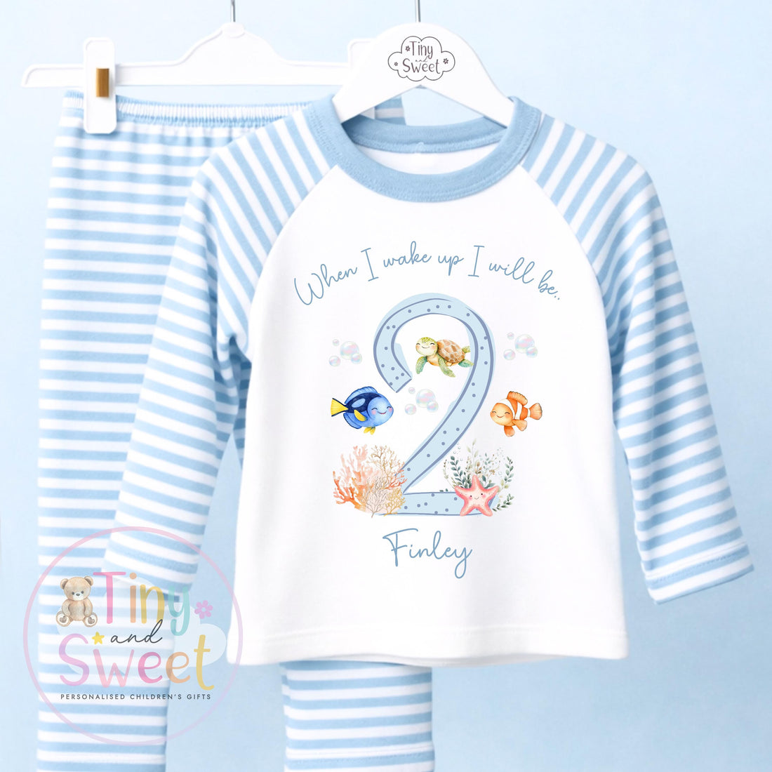 Blue Under The Sea Ocean Tropical Personalised Birthday Pyjamas, When i wake up i will be .. - 100% Cotton