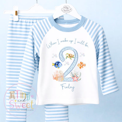 Blue Under The Sea Ocean Tropical Personalised Birthday Pyjamas, When i wake up i will be .. - 100% Cotton