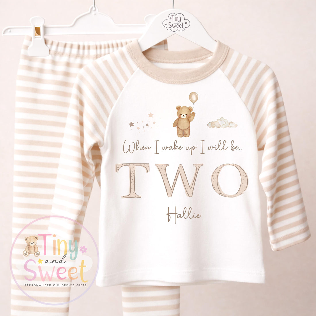 Beige Teddy Bear Personalised Birthday Pyjamas, When i wake up i will be .. - 100% Cotton