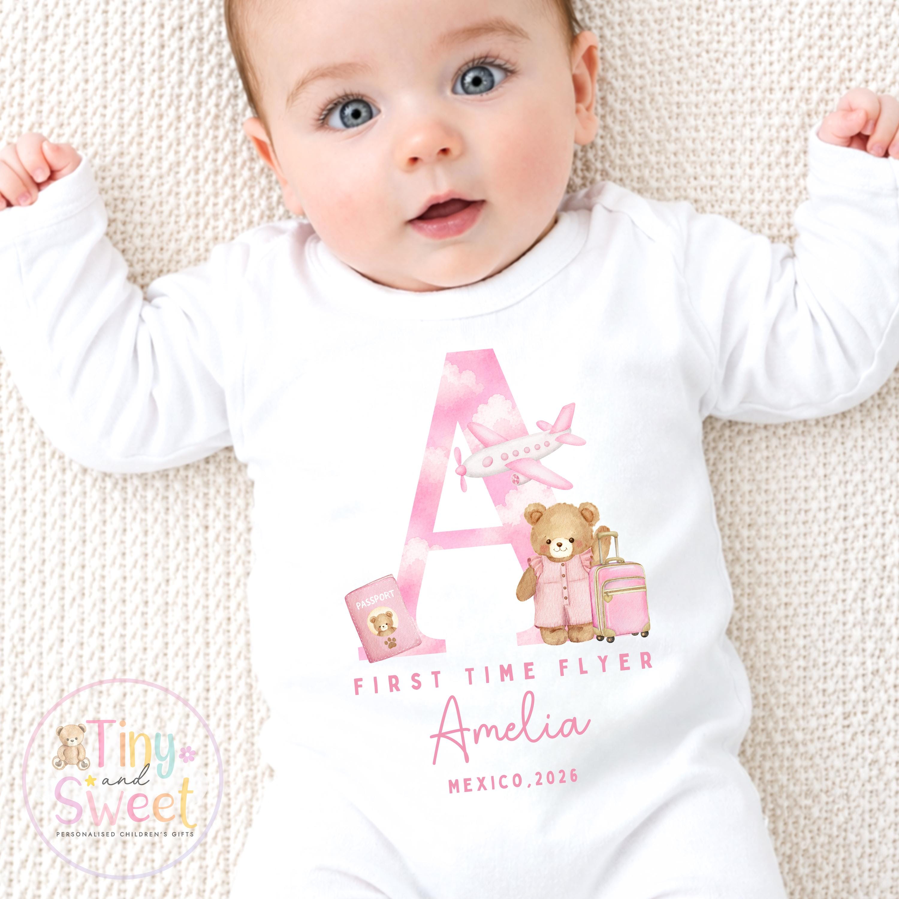 Personalised First Flight Baby T Shirt, First Time Flyer Sleepsuit, Baby’s First Holiday Outfit, Custom Babygrow Gift