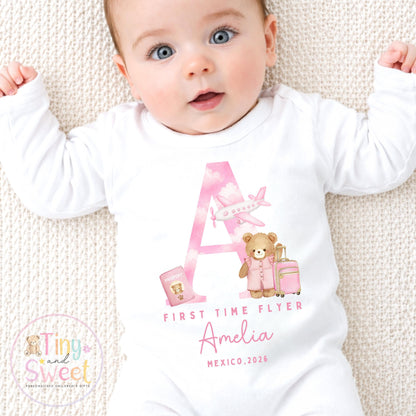 Personalised First Flight Baby T Shirt, First Time Flyer Sleepsuit, Baby’s First Holiday Outfit, Custom Babygrow Gift