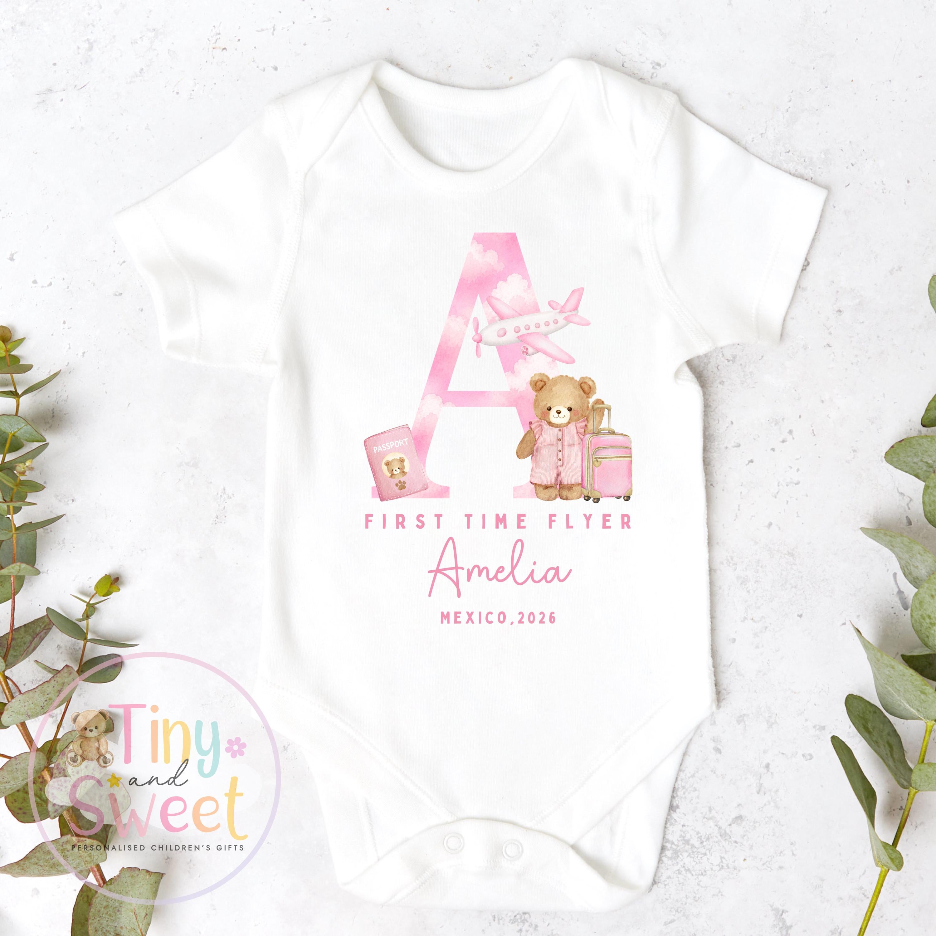 Personalised First Flight Baby T Shirt, First Time Flyer Sleepsuit, Baby’s First Holiday Outfit, Custom Babygrow Gift