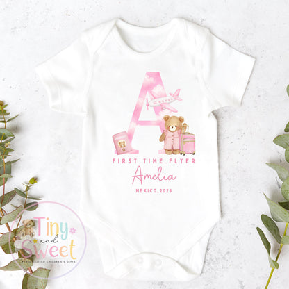 Personalised First Flight Baby T Shirt, First Time Flyer Sleepsuit, Baby’s First Holiday Outfit, Custom Babygrow Gift