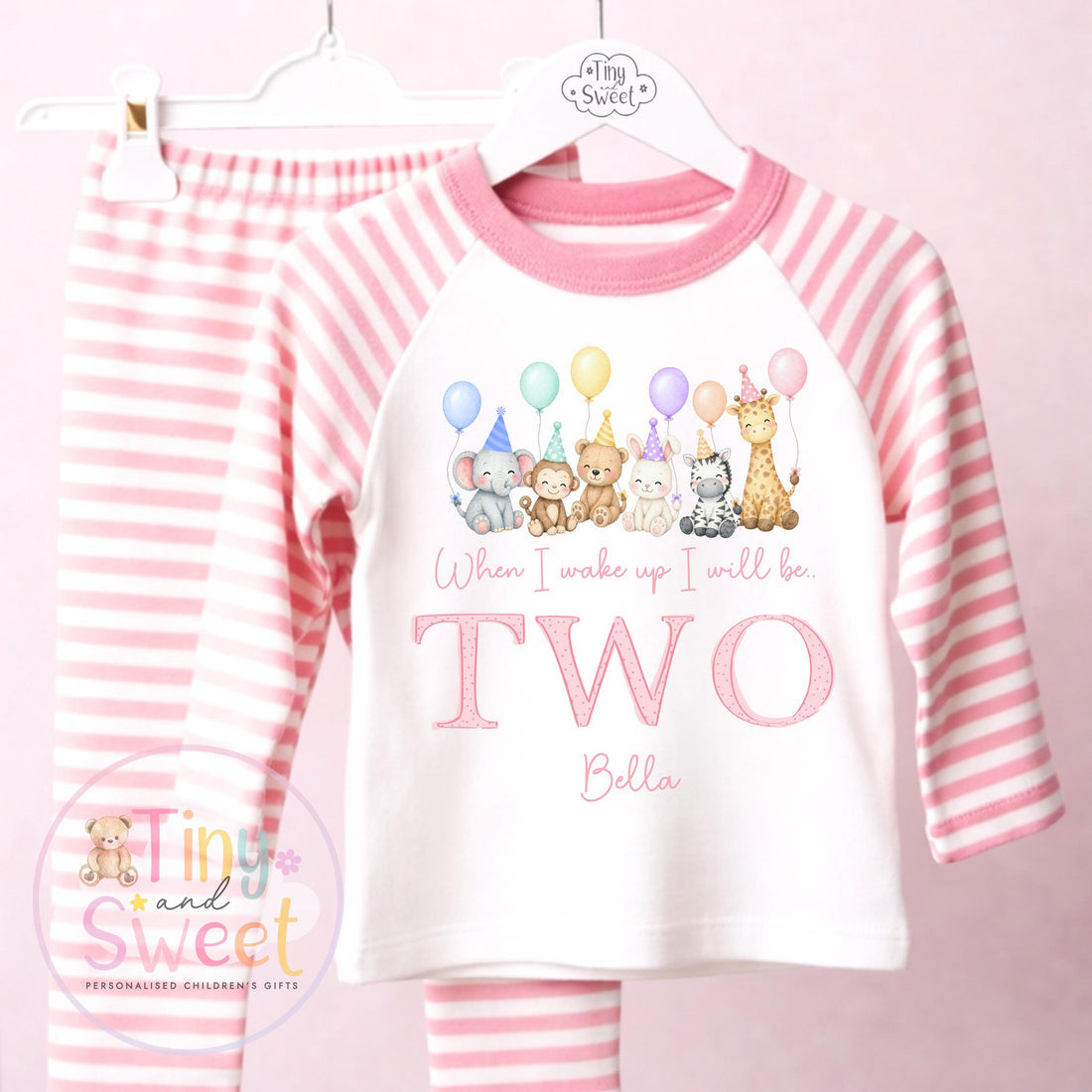 Pink Birthday Party Animals Personalised Birthday Pyjamas, Teddy Bears When I wake up I will be .. - 100% Cotton