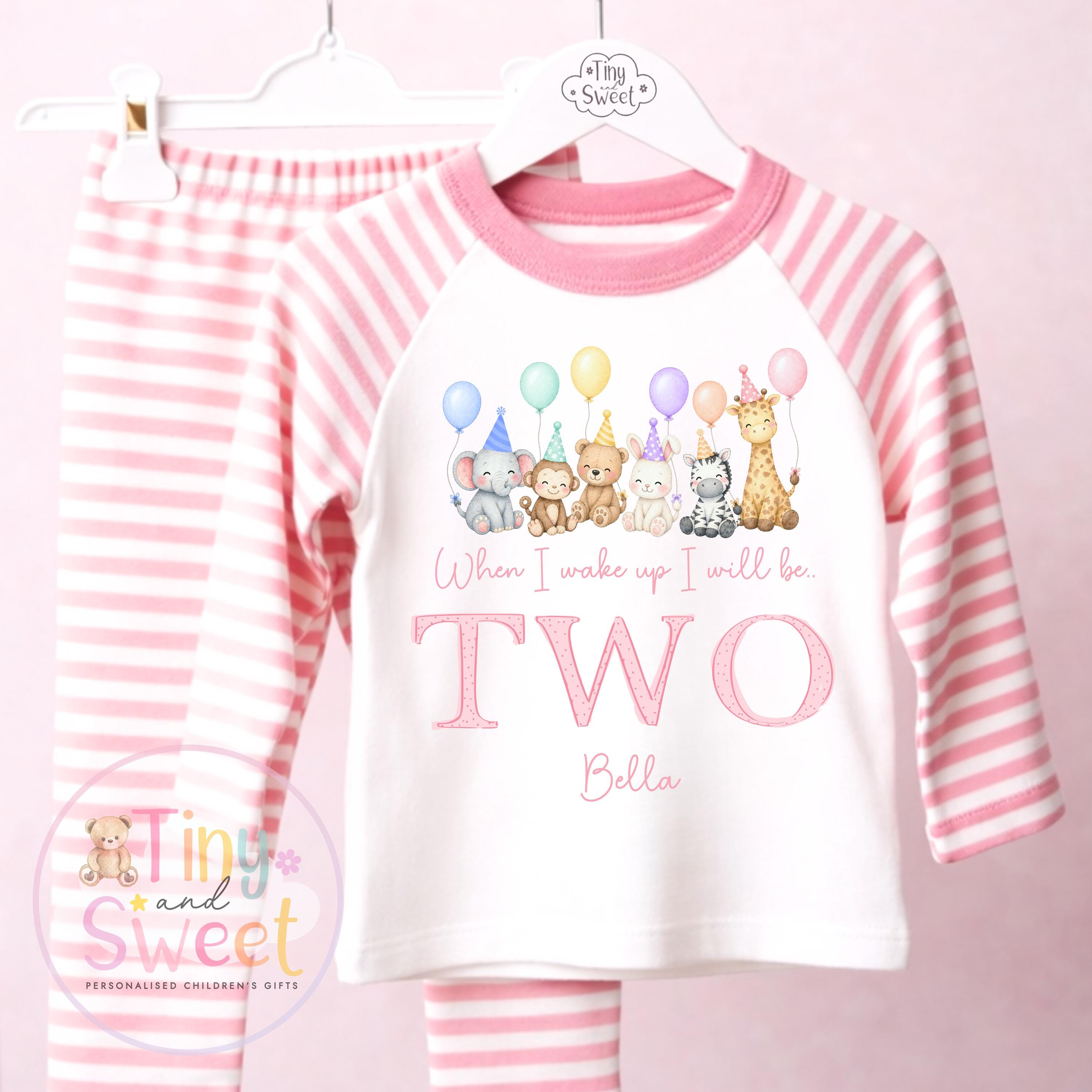 Pink Birthday Party Animals Personalised Birthday Pyjamas, Teddy Bears When I wake up I will be .. - 100% Cotton