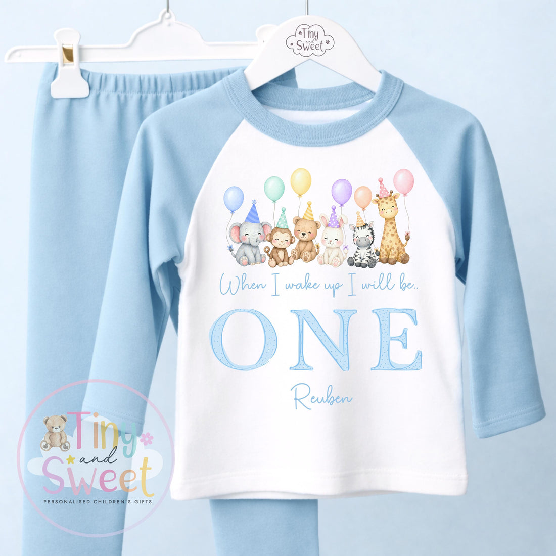Blue Birthday Party Animals Personalised Birthday Pyjamas, Teddy Bears When I wake up I will be .. - 100% Cotton