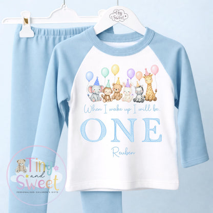 Blue Birthday Party Animals Personalised Birthday Pyjamas, Teddy Bears When I wake up I will be .. - 100% Cotton