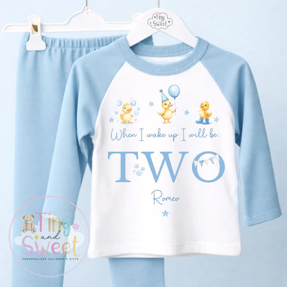 Personalised Blue Duck Birthday Pyjamas, Any Age, When I Wake Up Birthday Pjs, Boys Birthday Eve Outfit, 1st 2nd 3rd 4th