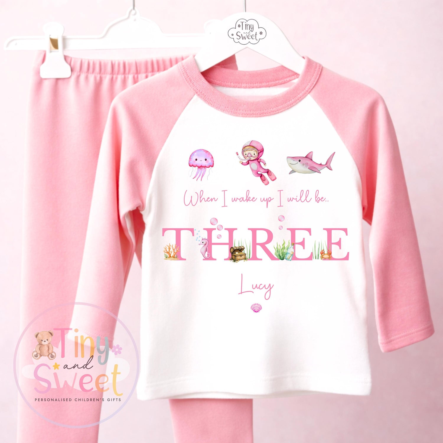 Personalised Pink Under The Sea Birthday Pyjamas, Ocean, Any Age, When I Wake Up Birthday Pjs, Girls Birthday Eve Outfit, 1st 2nd 3rd 4th