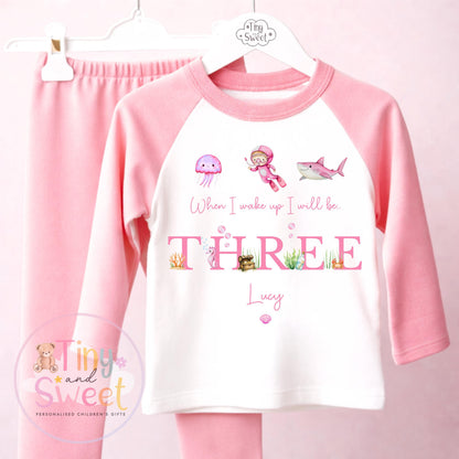 Personalised Pink Under The Sea Birthday Pyjamas, Ocean, Any Age, When I Wake Up Birthday Pjs, Girls Birthday Eve Outfit, 1st 2nd 3rd 4th
