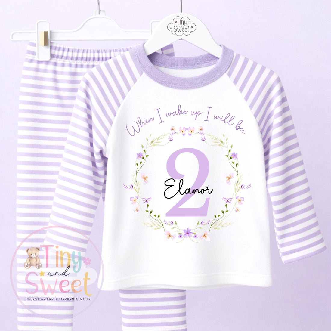 Personalised Purple Wildflower Birthday Pyjamas, Any Age, When I Wake Up Birthday Pjs, Girls Birthday Eve Outfit, 1st 2nd 3rd 4th