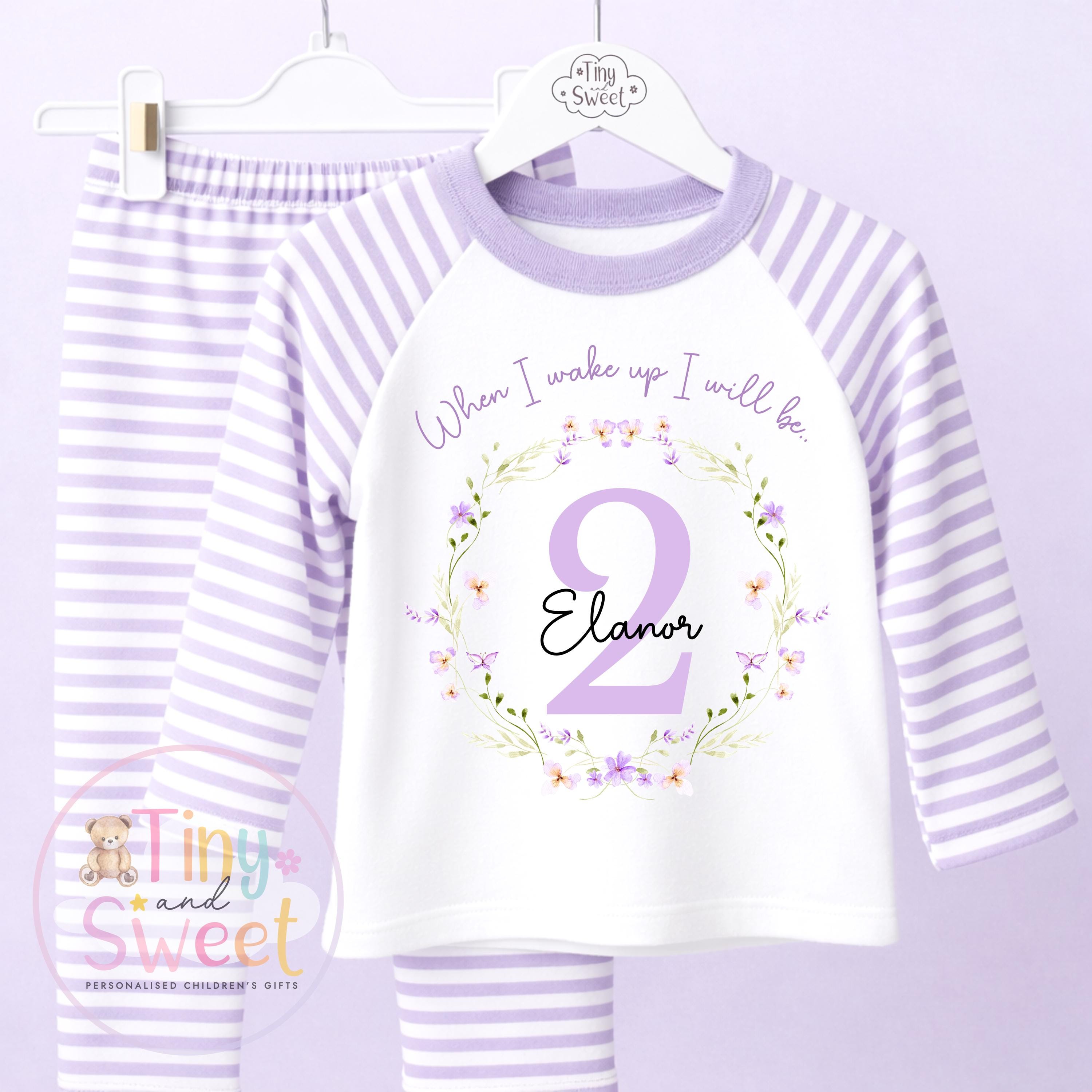 Personalised Purple Wildflower Birthday Pyjamas, Any Age, When I Wake Up Birthday Pjs, Girls Birthday Eve Outfit, 1st 2nd 3rd 4th