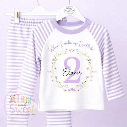 Personalised Purple Wildflower Birthday Pyjamas, Any Age, When I Wake Up Birthday Pjs, Girls Birthday Eve Outfit, 1st 2nd 3rd 4th