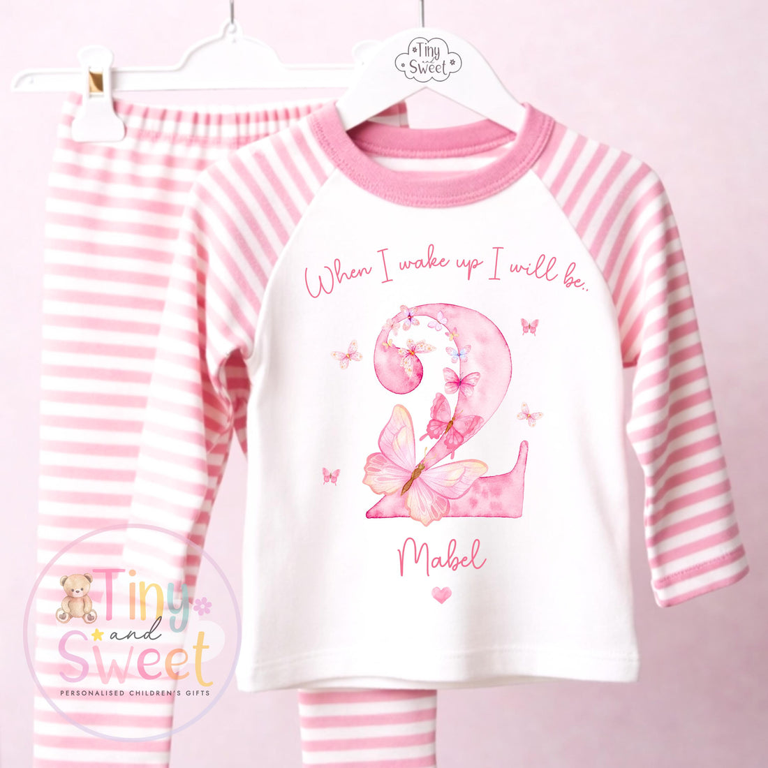 Personalised Pink Butterfly Birthday Pyjamas, Any Age, When I Wake Up Birthday Pjs, Girls Birthday Eve Outfit, 1st 2nd 3rd 4th