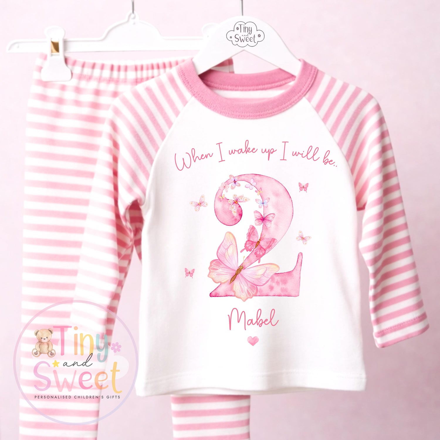 Personalised Pink Butterfly Birthday Pyjamas, Any Age, When I Wake Up Birthday Pjs, Girls Birthday Eve Outfit, 1st 2nd 3rd 4th