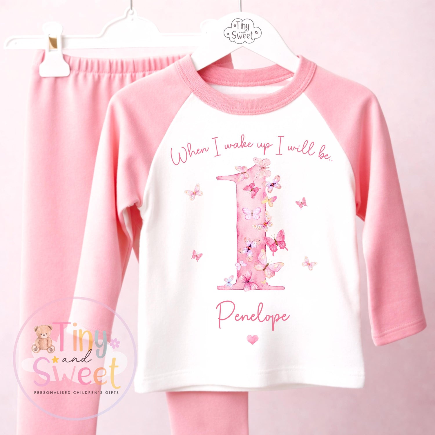 Personalised Pink Butterfly Birthday Pyjamas, Any Age, When I Wake Up Birthday Pjs, Girls Birthday Eve Outfit, 1st 2nd 3rd 4th