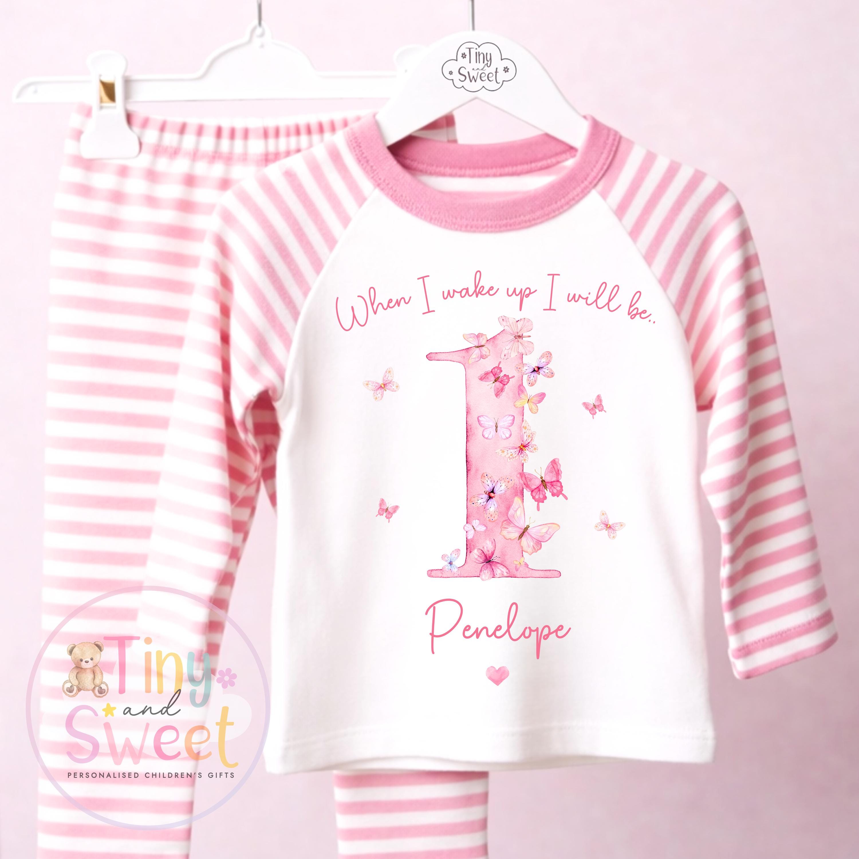 Personalised Pink Butterfly Birthday Pyjamas, Any Age, When I Wake Up Birthday Pjs, Girls Birthday Eve Outfit, 1st 2nd 3rd 4th