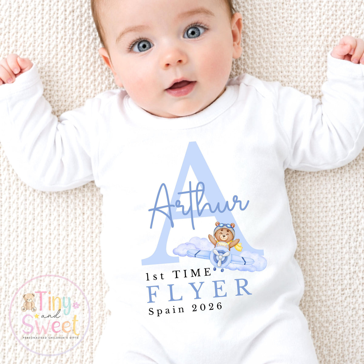 Personalised First Flight Sleepsuit Baby, First Time Flyer Bodysuit, Baby’s First Holiday Outfit, Custom Name Babygrow
