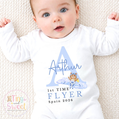 Personalised First Flight Sleepsuit Baby, First Time Flyer Bodysuit, Baby’s First Holiday Outfit, Custom Name Babygrow