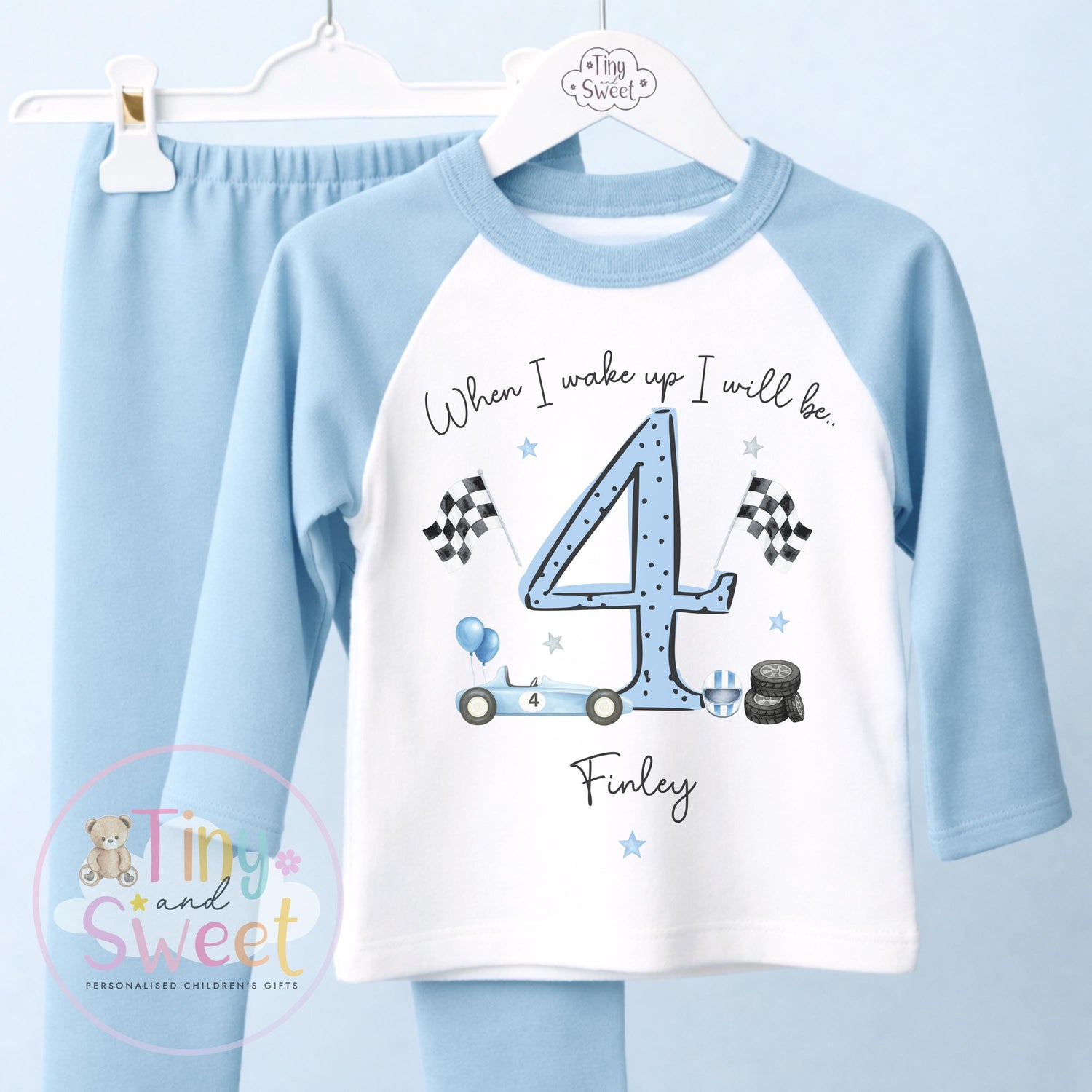 Personalised Blue Racing Car Birthday Pyjamas – When I Wake Up I’ll Be… Boys Birthday PJs