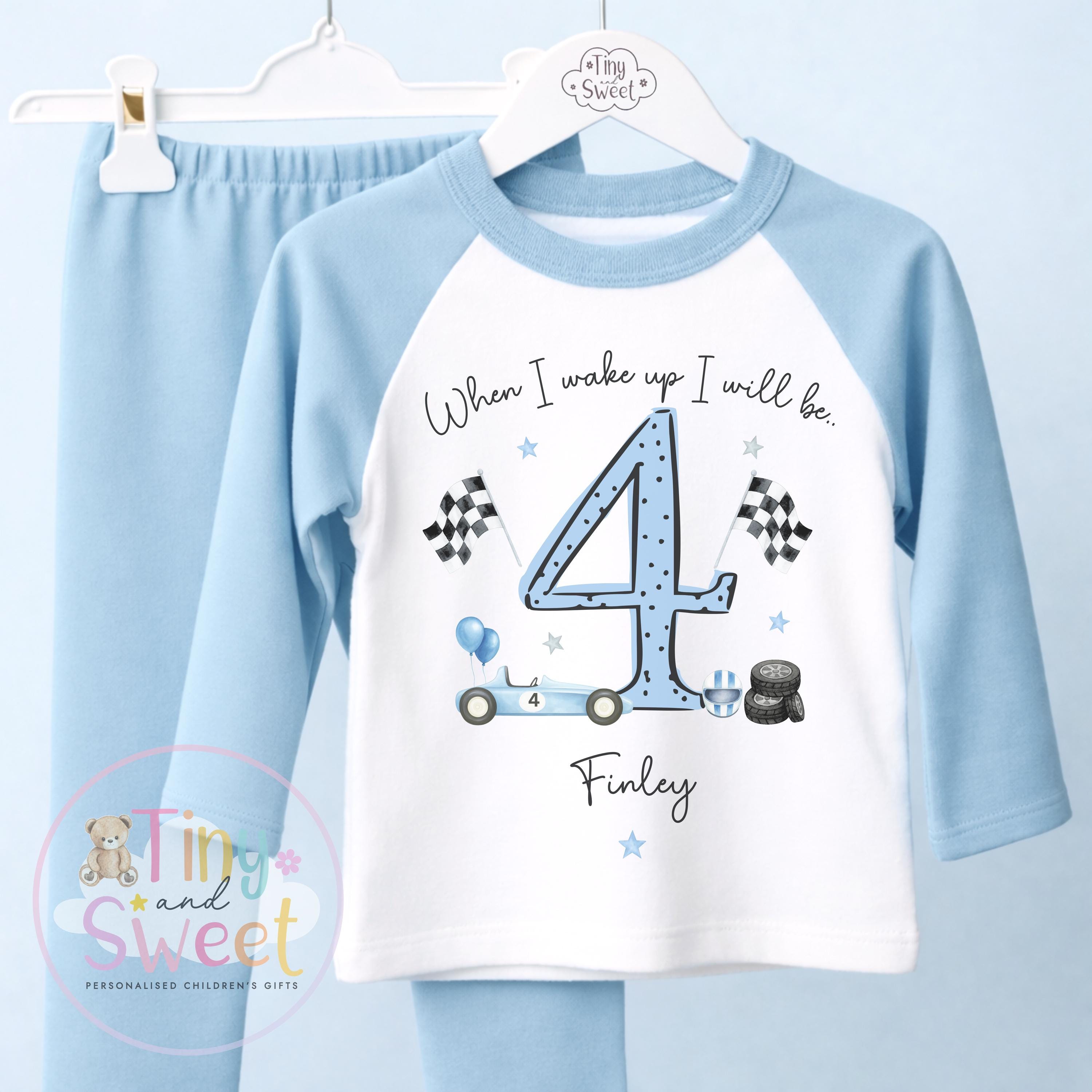 Personalised Blue Racing Car Birthday Pyjamas – When I Wake Up I’ll Be… Boys Birthday PJs
