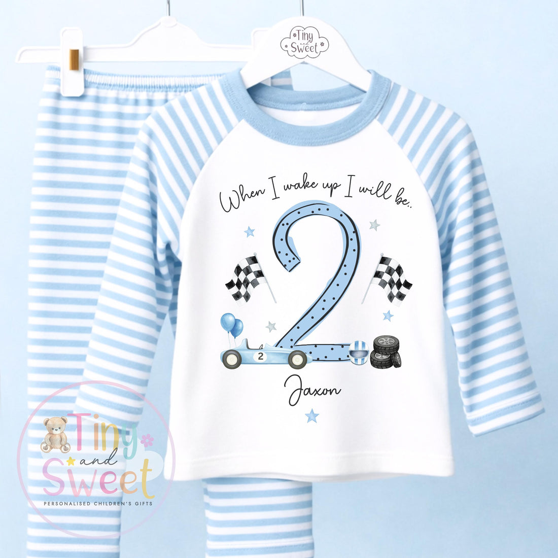 Personalised Blue Racing Car Birthday Pyjamas – When I Wake Up I’ll Be… Boys Birthday PJs