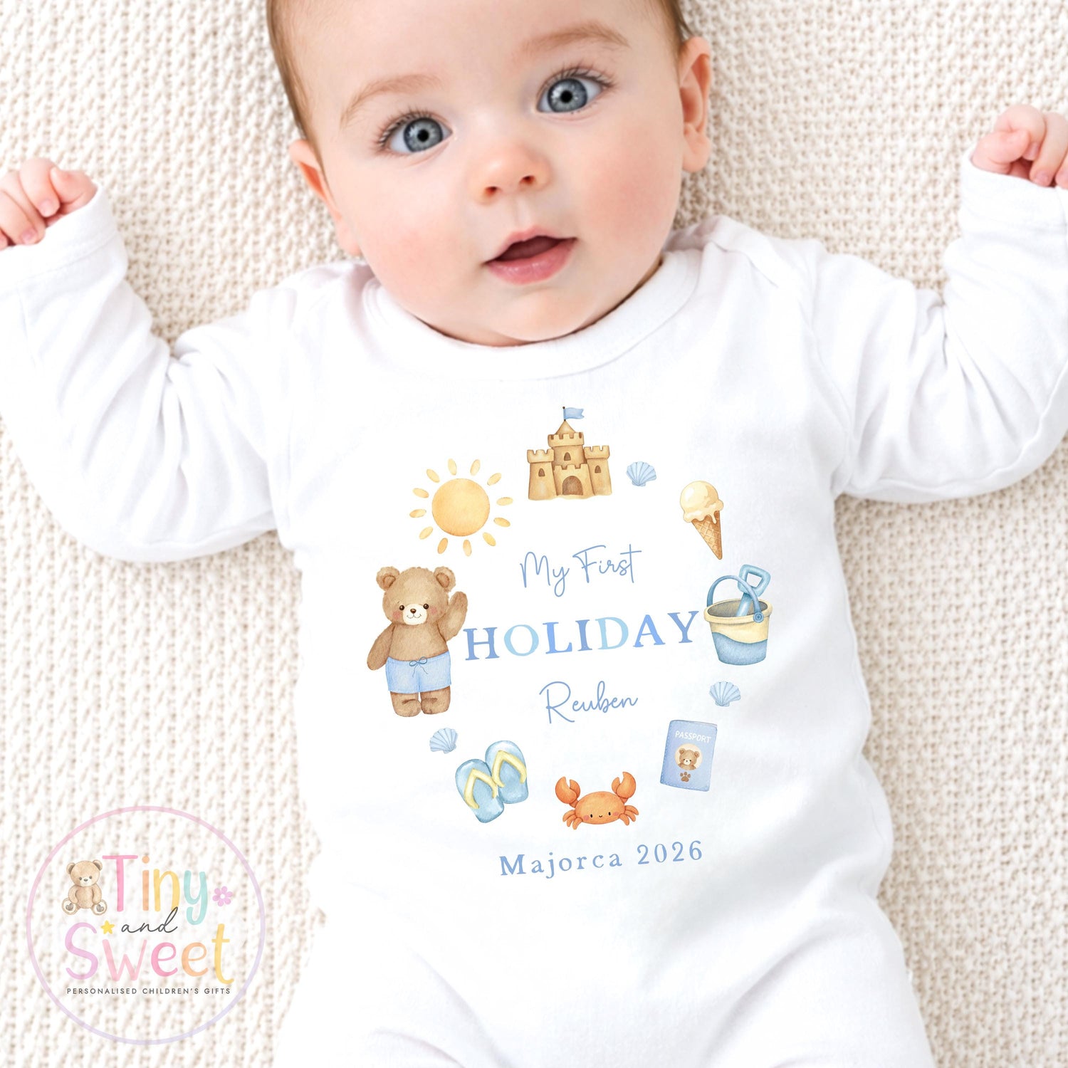 My First Holiday T Shirt, Personalised Baby Travel Outfit, Baby’s First Holiday T Shirt, Cute Summer Travel Outfit, My First Holiday