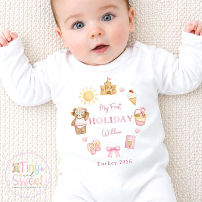 My First Holiday Sleepsuit, Personalised Baby Travel Outfit, Baby’s First Holiday T Shirt, Cute Summer Travel Outfit, My First Holiday