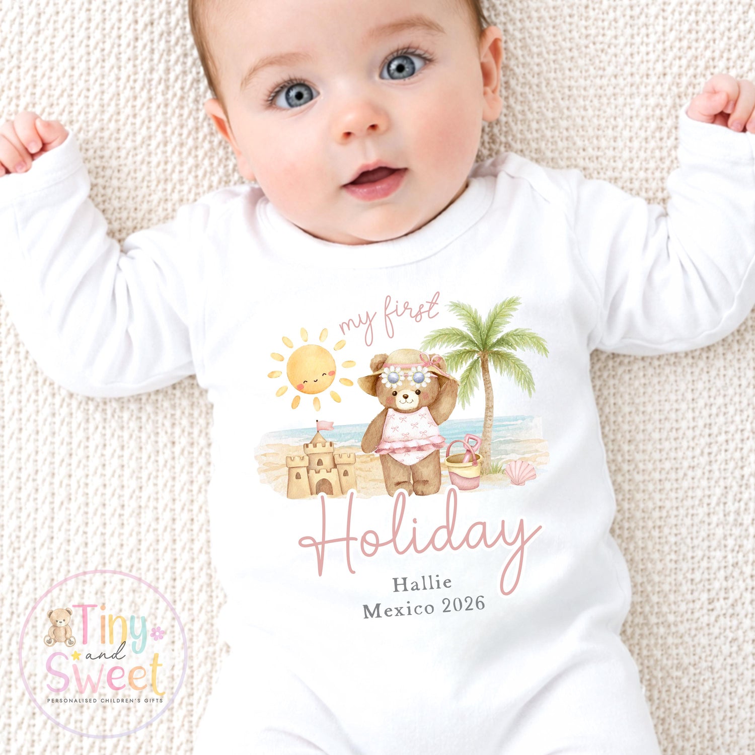 My First Holiday T Shirt, Personalised Baby Travel Outfit, Baby’s First Holiday T Shirt, Cute Summer Travel Outfit, My First Holiday