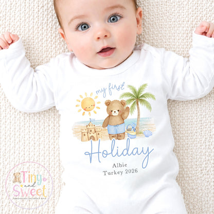 My First Holiday Sleepsuit, Personalised Baby Travel Outfit, Baby’s First Holiday T Shirt, Cute Summer Travel Outfit, My First Holiday
