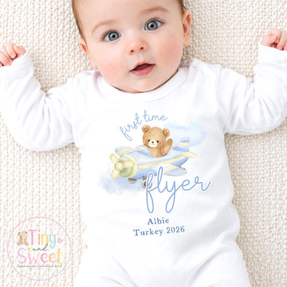 Personalised My First Flight T Shirt, First Time Flyer Sleepsuit, 1st Holiday Babygrow, Babies First Holiday, First Time Flyer