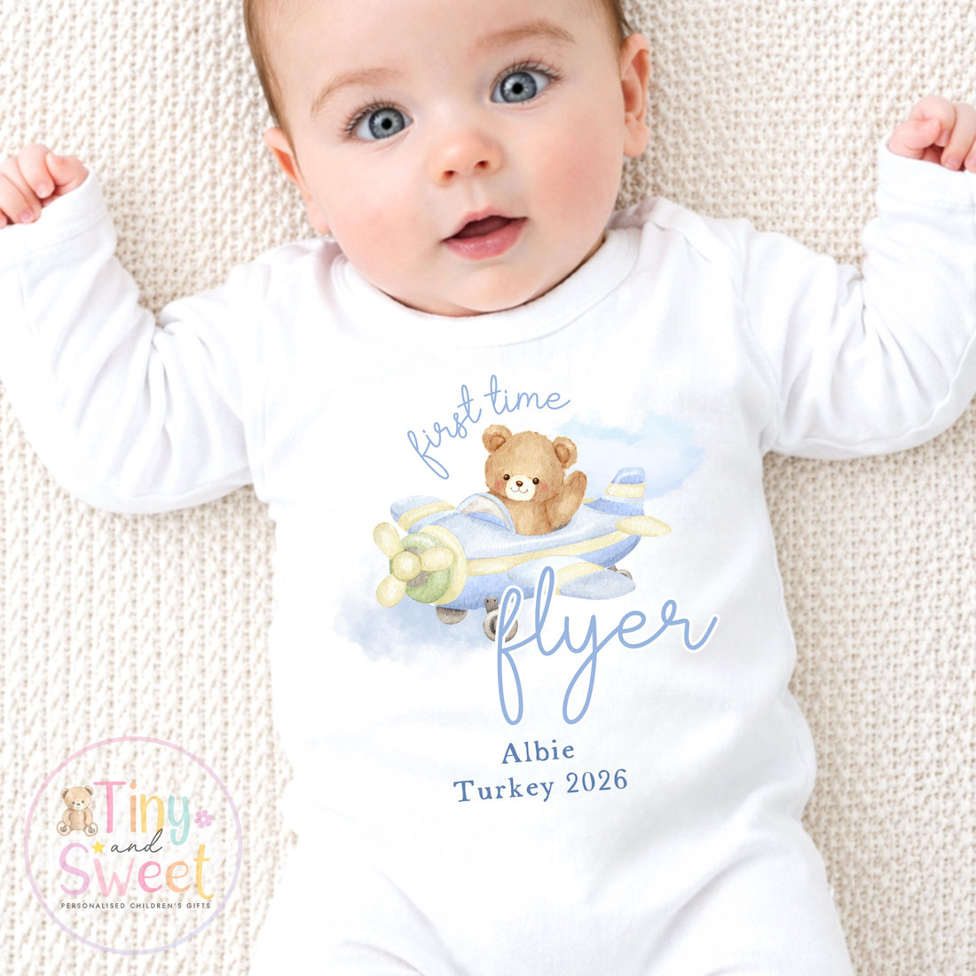 Personalised My First Flight Sleepsuit, First Time Flyer Bodysuit, 1st Holiday Babygrow, Babies First Holiday, First Time Flyer