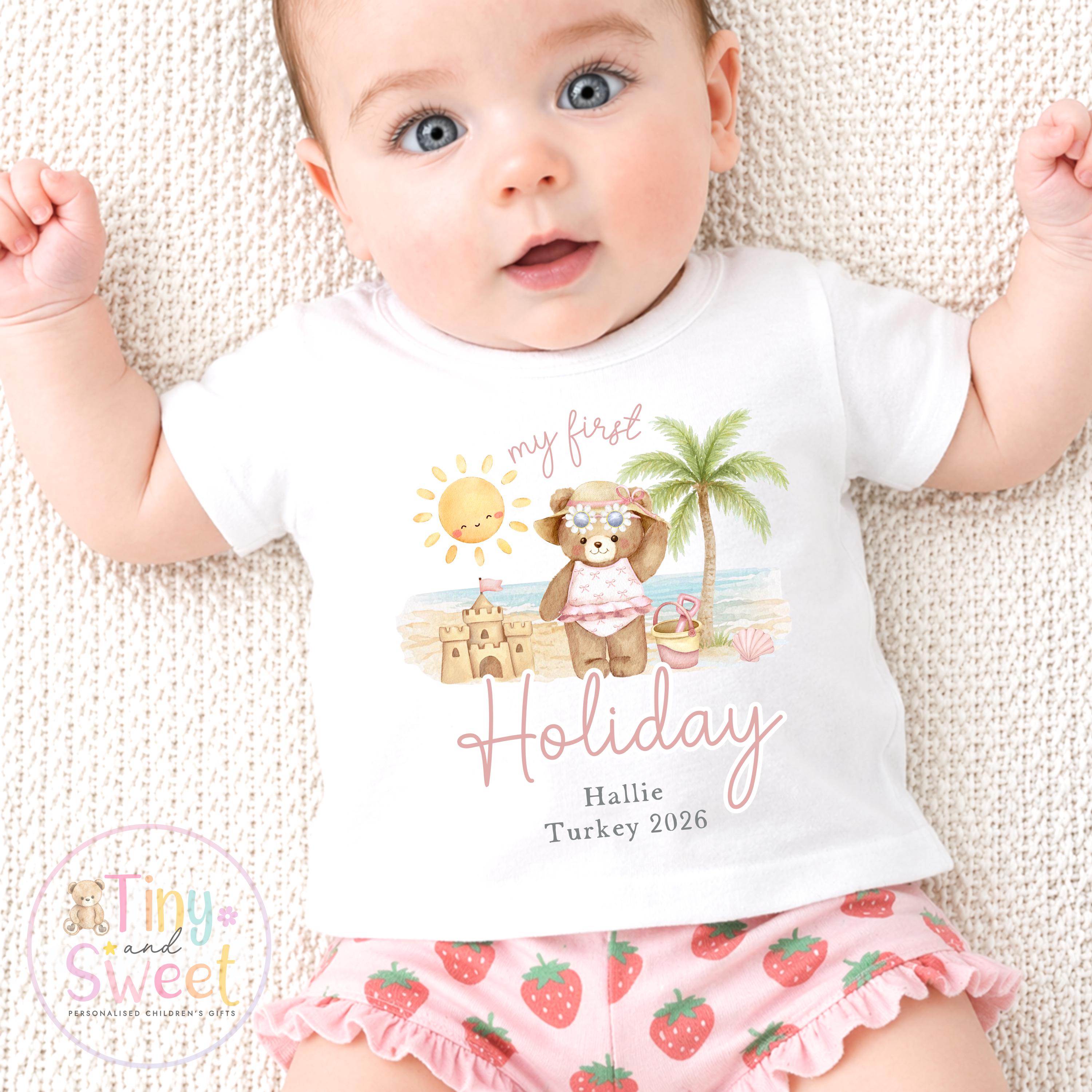 My First Holiday T Shirt, Personalised Baby Travel Outfit, Baby’s First Holiday T Shirt, Cute Summer Travel Outfit, My First Holiday