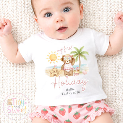 My First Holiday T Shirt, Personalised Baby Travel Outfit, Baby’s First Holiday T Shirt, Cute Summer Travel Outfit, My First Holiday