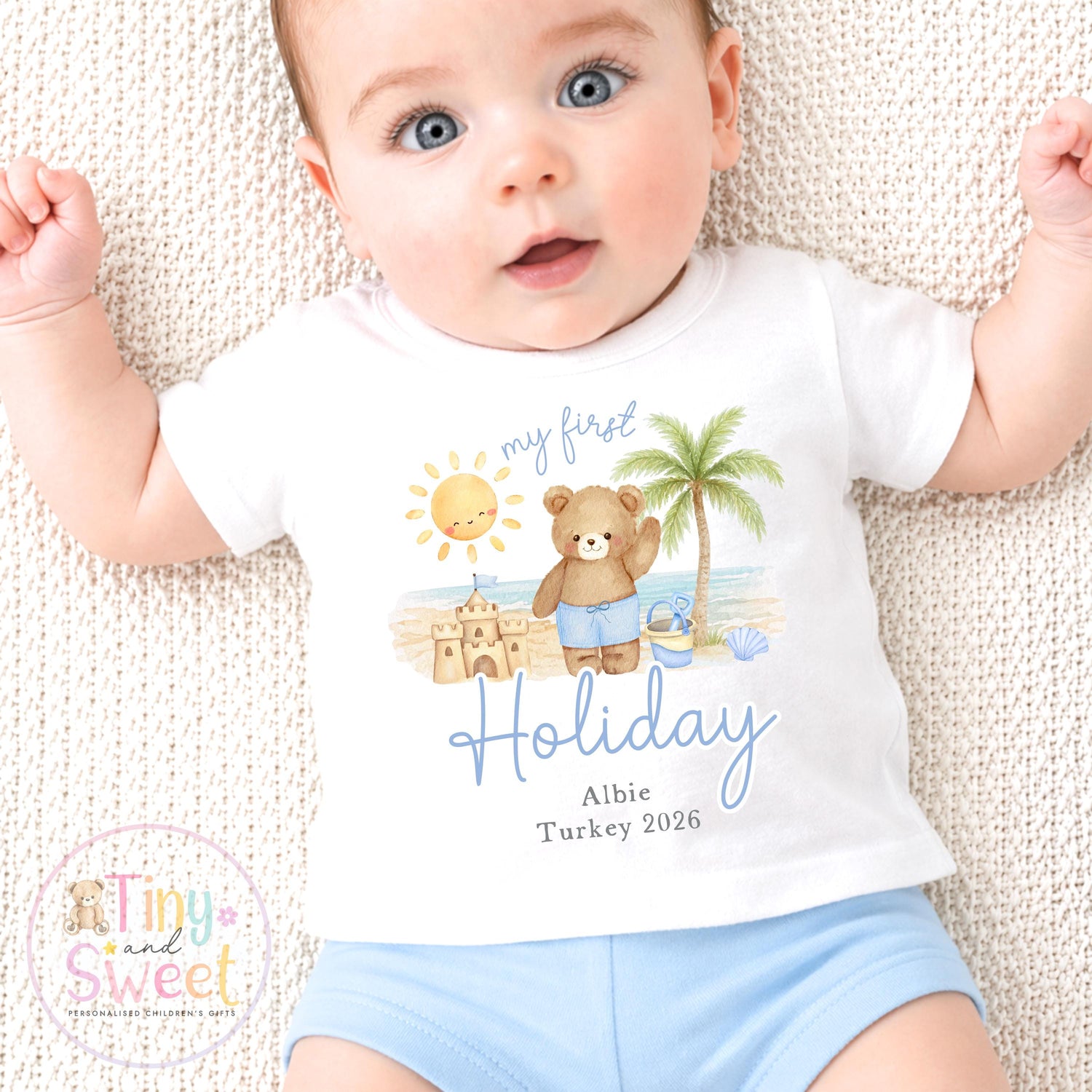 My First Holiday T Shirt, Personalised Baby Travel Outfit, Baby’s First Holiday T Shirt, Cute Summer Travel Outfit, My First Holiday