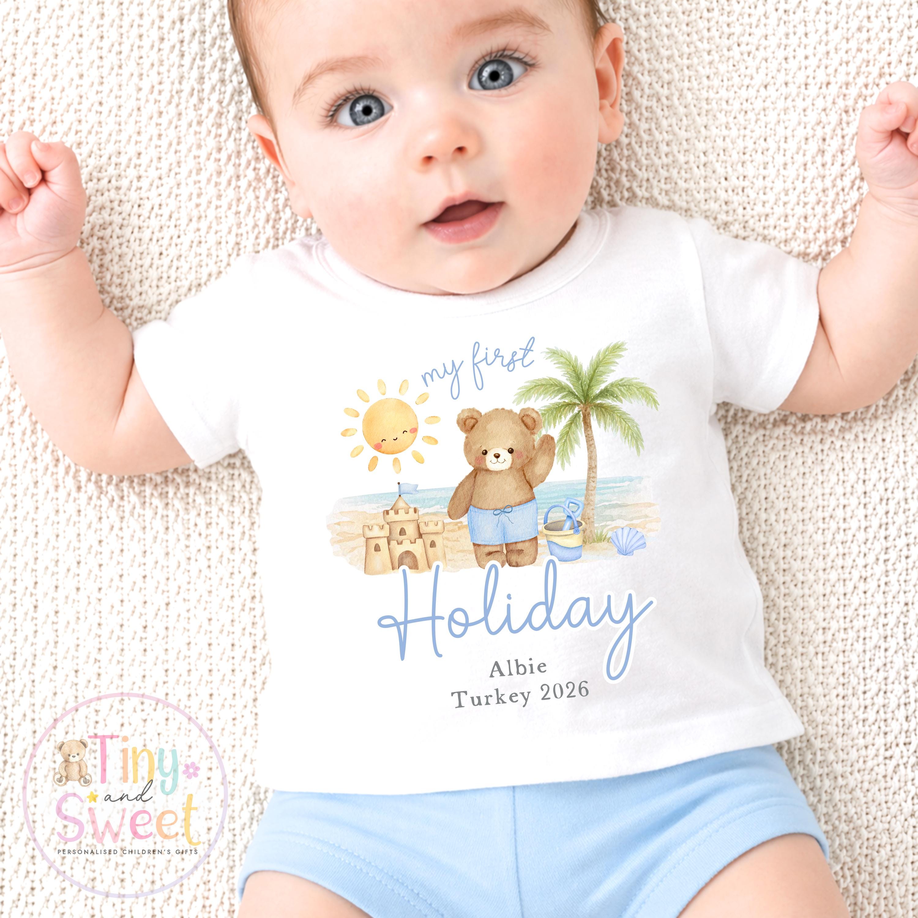 My First Holiday T Shirt, Personalised Baby Travel Outfit, Baby’s First Holiday T Shirt, Cute Summer Travel Outfit, My First Holiday