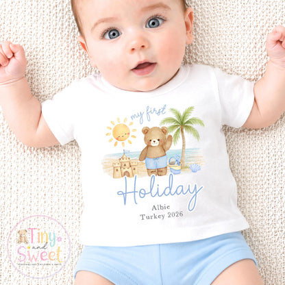 My First Holiday T Shirt, Personalised Baby Travel Outfit, Baby’s First Holiday T Shirt, Cute Summer Travel Outfit, My First Holiday