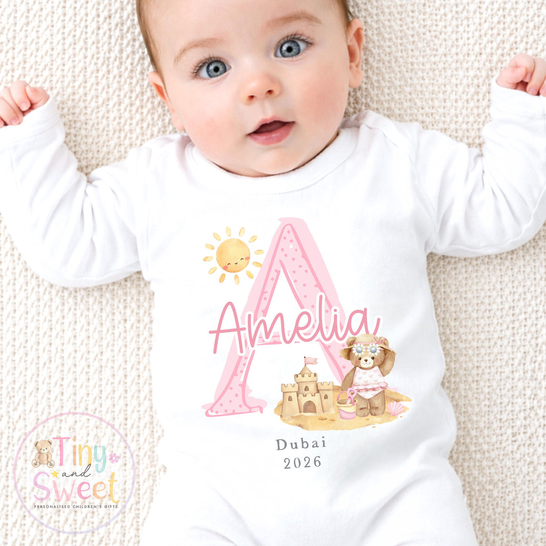 Personalised Holiday Sleepsuit, Personalised Baby Travel Outfit, Baby’s First Holiday T Shirt, Cute Summer Travel Outfit, My First Holiday