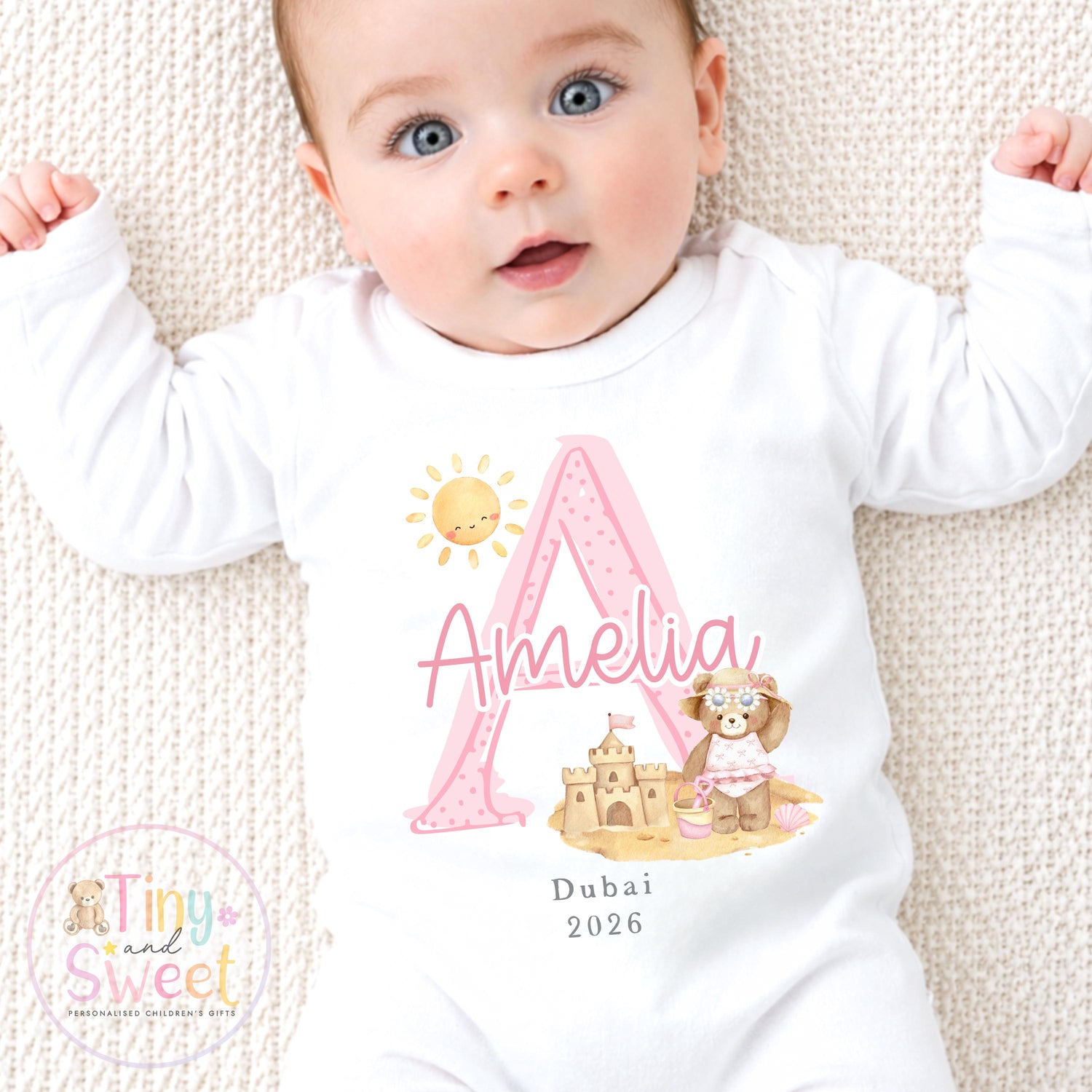Personalised Holiday Sleepsuit, Personalised Baby Travel Outfit, Baby’s First Holiday T Shirt, Cute Summer Travel Outfit, My First Holiday