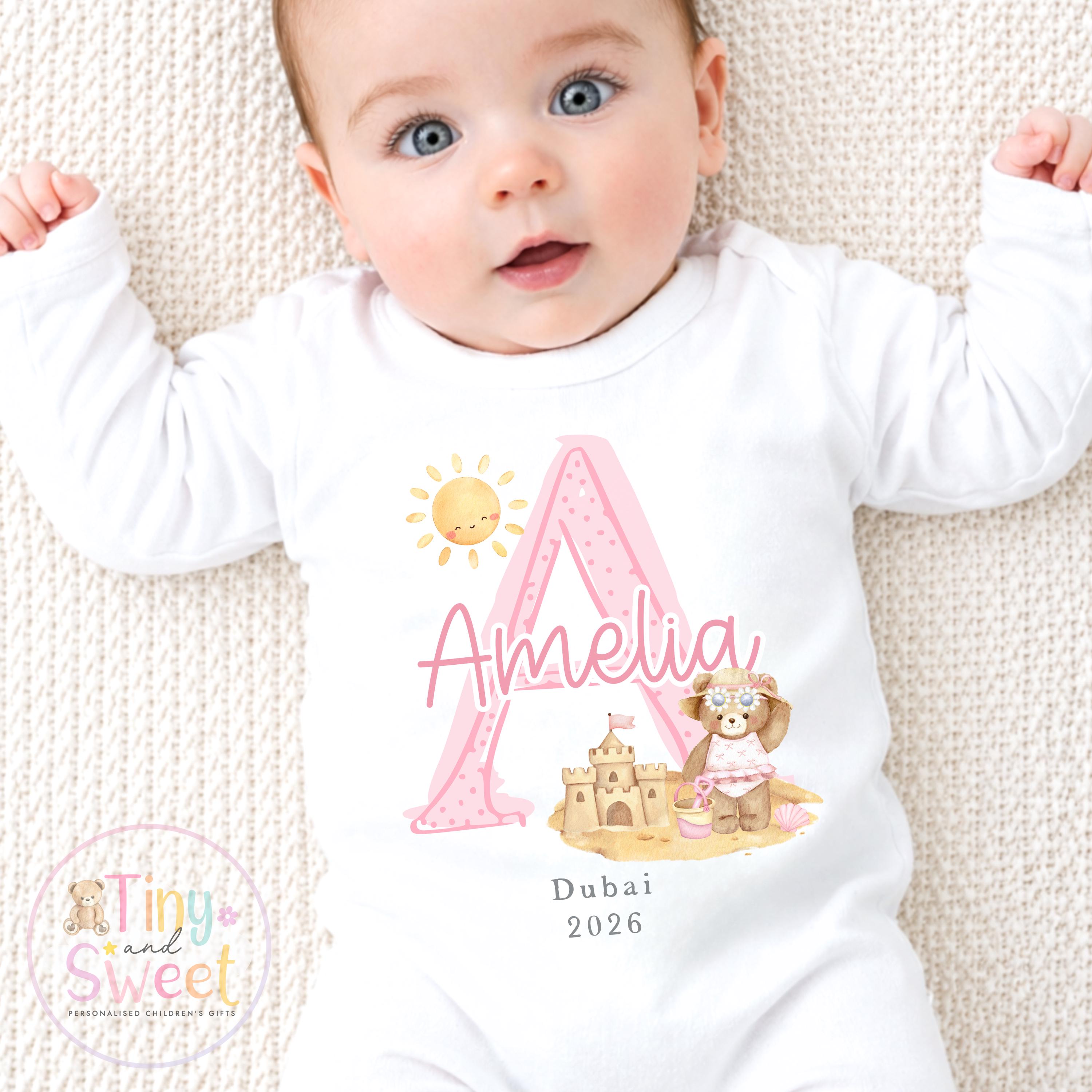 Personalised Holiday Sleepsuit, Personalised Baby Travel Outfit, Baby’s First Holiday T Shirt, Cute Summer Travel Outfit, My First Holiday