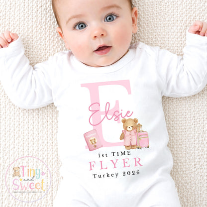 Personalised First Flight Baby Sleepsuit, First Time Flyer Bodysuit, Baby’s First Holiday Outfit, Custom Babygrow Gift