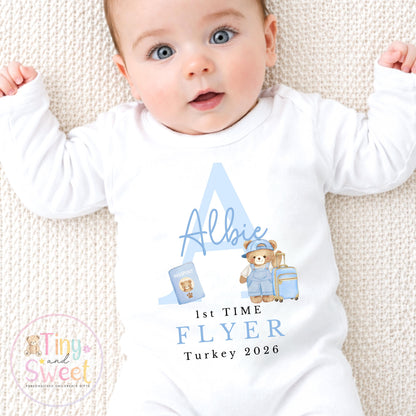 Personalised First Flight Baby T Shirt, First Time Flyer Sleepsuit, Baby’s First Holiday Outfit, Custom Babygrow Gift