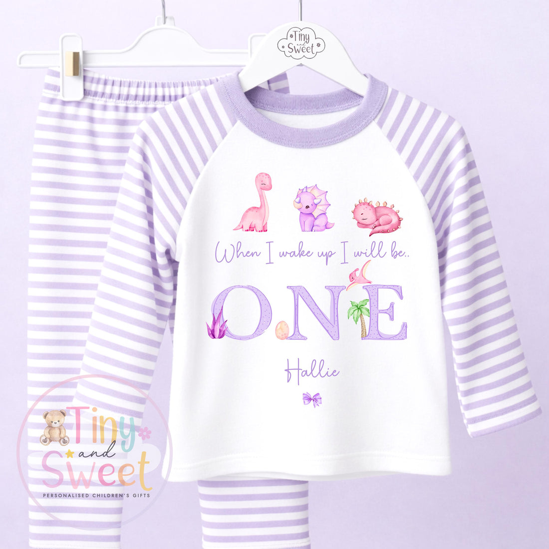Purple Girly Dinosaur Personalised Birthday Pyjamas, When I Wake up i will be .. - 100% Cotton