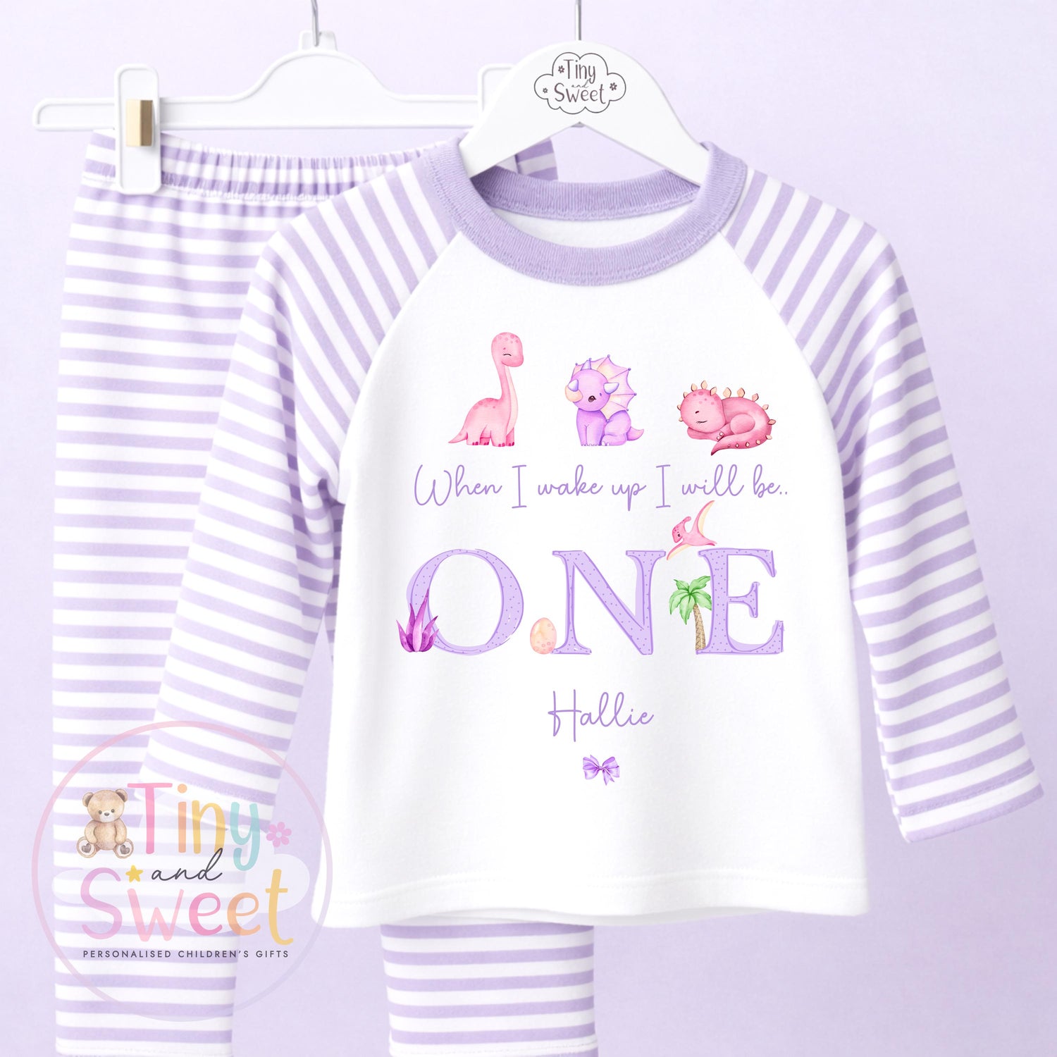 Purple Girly Dinosaur Personalised Birthday Pyjamas, When I Wake up i will be .. - 100% Cotton