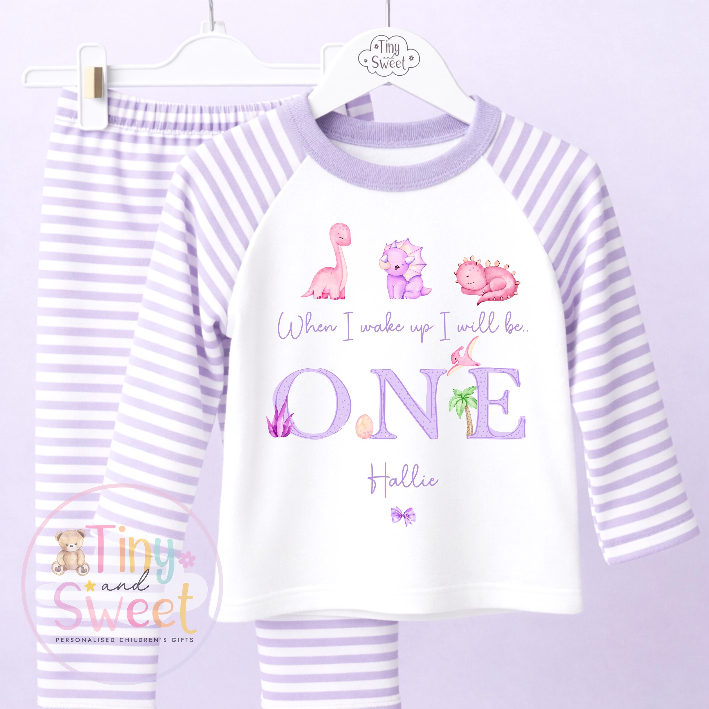Purple Girly Dinosaur Personalised Birthday Pyjamas, When I Wake up i will be .. - 100% Cotton