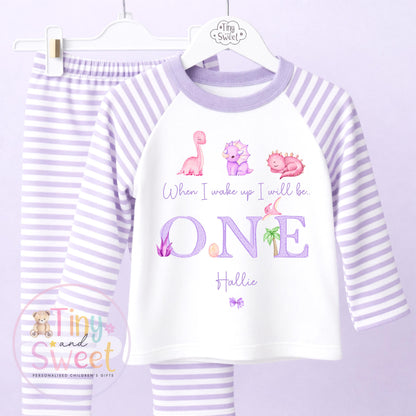 Purple Girly Dinosaur Personalised Birthday Pyjamas, When I Wake up i will be .. - 100% Cotton