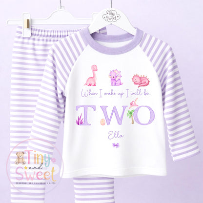 Purple Girly Dinosaur Personalised Birthday Pyjamas, When I Wake up i will be .. - 100% Cotton