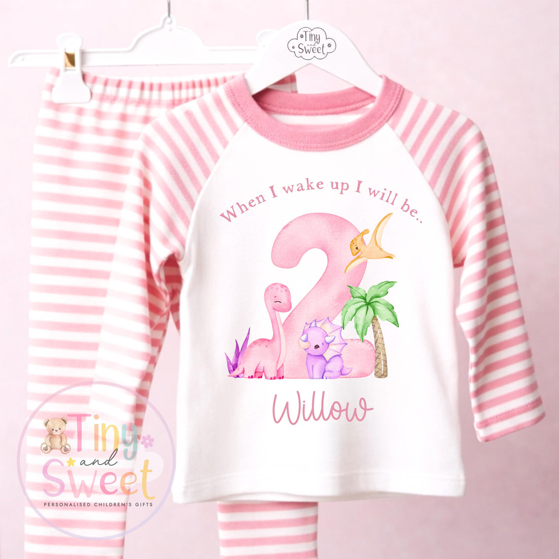 Pink Girly Dinosaur Personalised Birthday Pyjamas, When I Wake up i will be .. - 100% Cotton